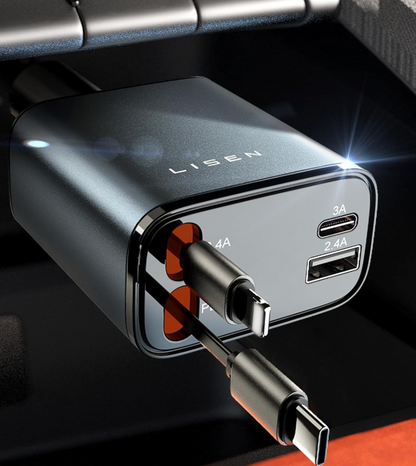 Chargeur Voiture LISEN Rétractable 69W Double USB| Charge Ultra-Rapide